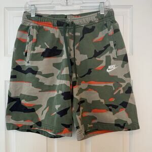 Nike Camo Fleece Shorts Men Medium Green Orange Swoosh Bball Relaxed 10” Inseam